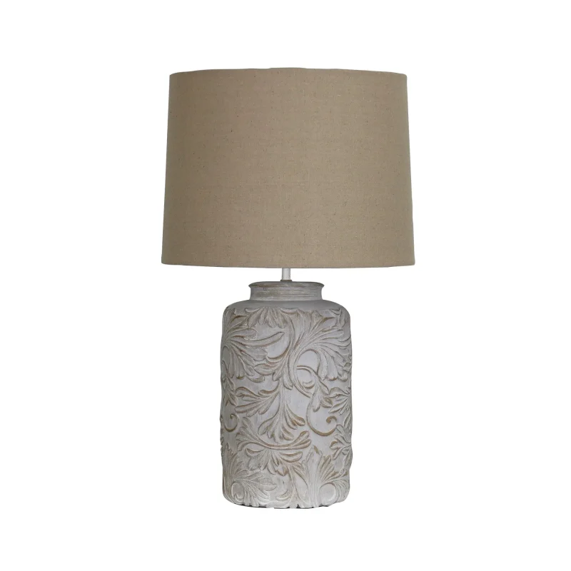 andorra white washed floral table lamp with flax linen shade