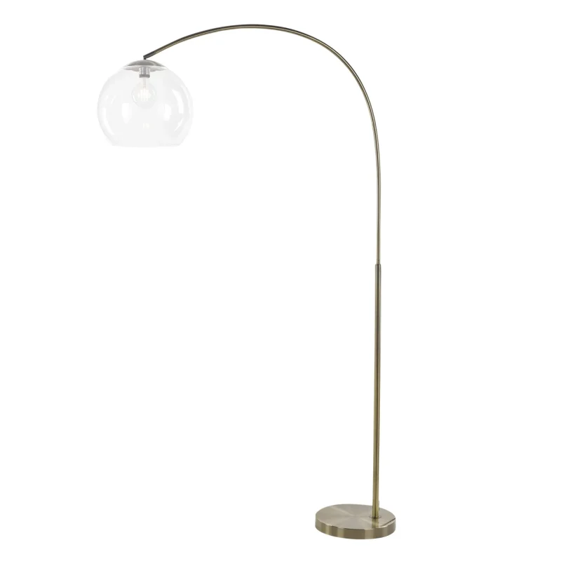 antique brass arc floor lamp with clear acrylic shade