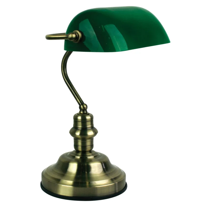 antique brass bankers lamp w dark green shade touch on off