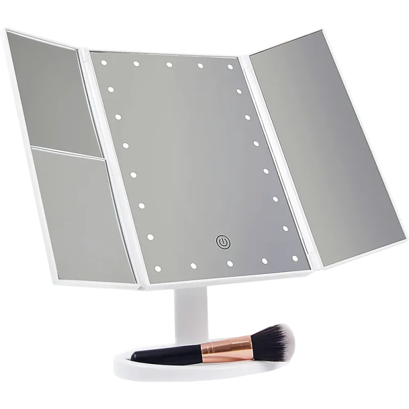 led tri fold makeup mirror with touch light magnification