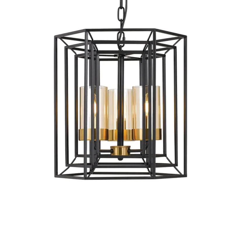 modern black 3 light pendant w antique brass amber glass