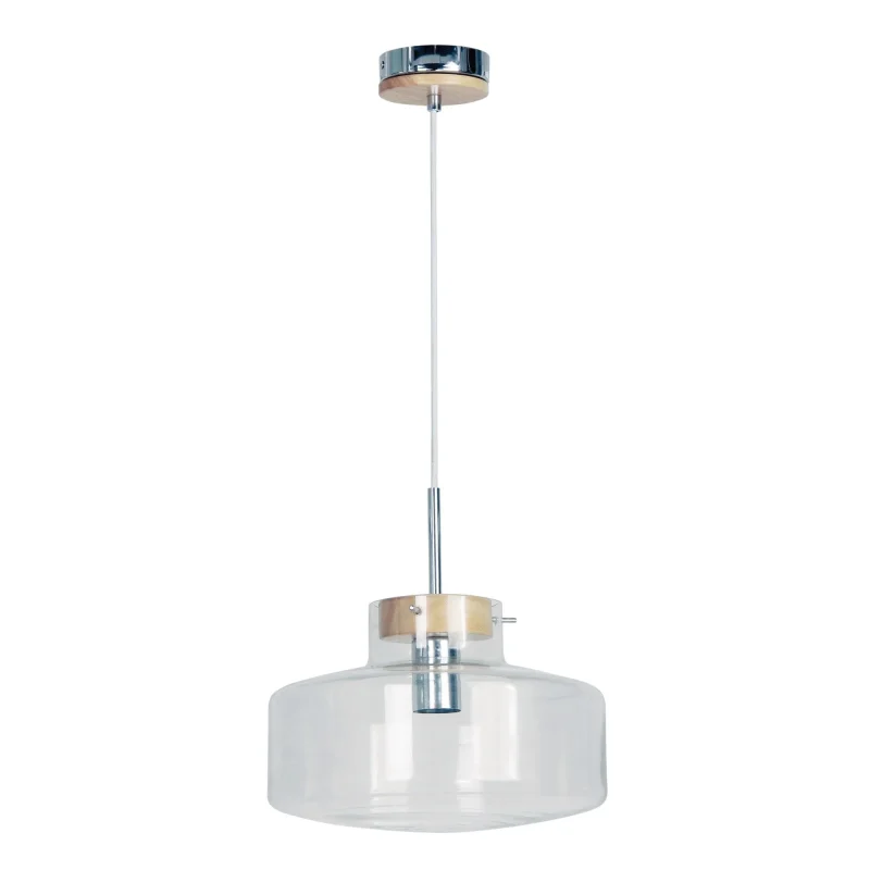 modern clear glass pendant light with timber accents 300mm diameter