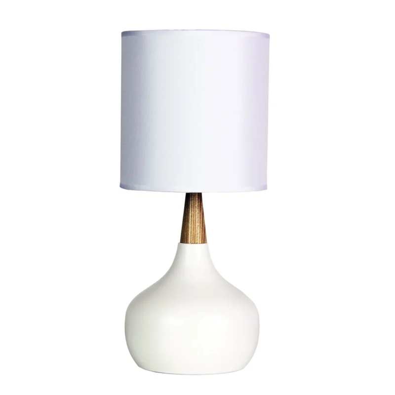 modern white metal touch table lamp with natural timber accent white shade