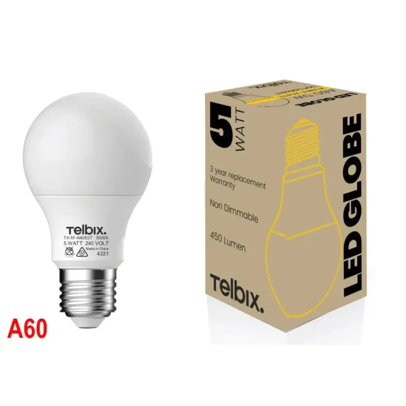 telbix a60 e27 5w non dimmable opal led bulb